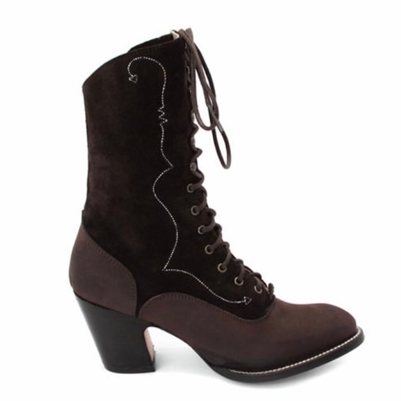 John Fluevog Shoes - John Fluevog Monday Leather Boots Stacked Heel Zip Laces Western Stitch Brown 11